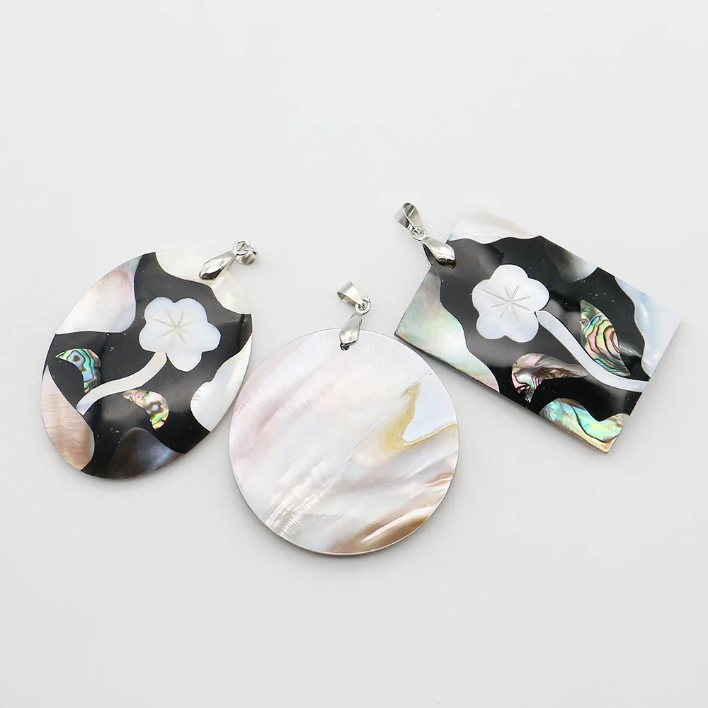 

Geometric Single-sided Natural Shell Splicing Pendants Carved Exquisite Flower Pattern Inlaid Charms DIY Creative Necklace Gift