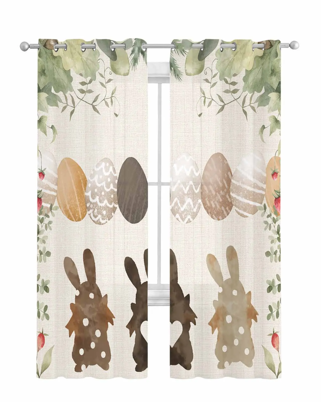 Easter Eggs Bunny Watercolor Flowers Sheer Curtains for Living Room Window Transparent Voile Tulle Curtain Home Decor Drapes