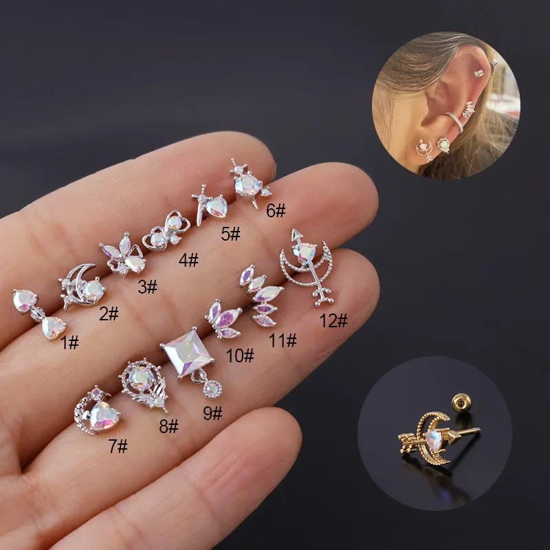 Aço inoxidável AB Ear Stud para Mulheres, Zircão, Osso Parafuso Prego, CZ Cartilagem Brincos, Helix Tragus Piercing Jóias, 20g, 24Pcs