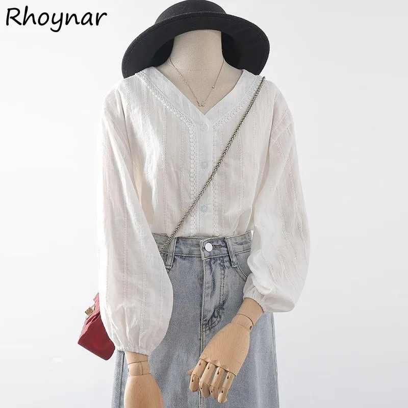 Solid Shirts Women Korean Fashion Clothing Retro Long Sleeve Basic V-neck Leisure All-match Simple Graceful Gentle Spring Thin