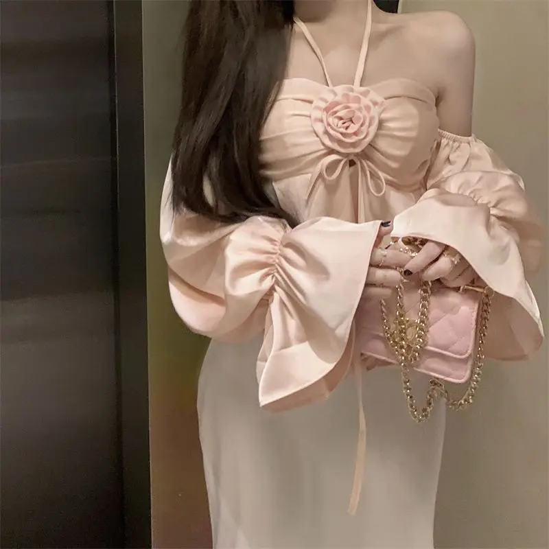 White Off Shoulder Sexy Blouse Summer Long Sleeve Solid Patchwork High Street Short Shirt Tops Fashion Temperament Women Clothes