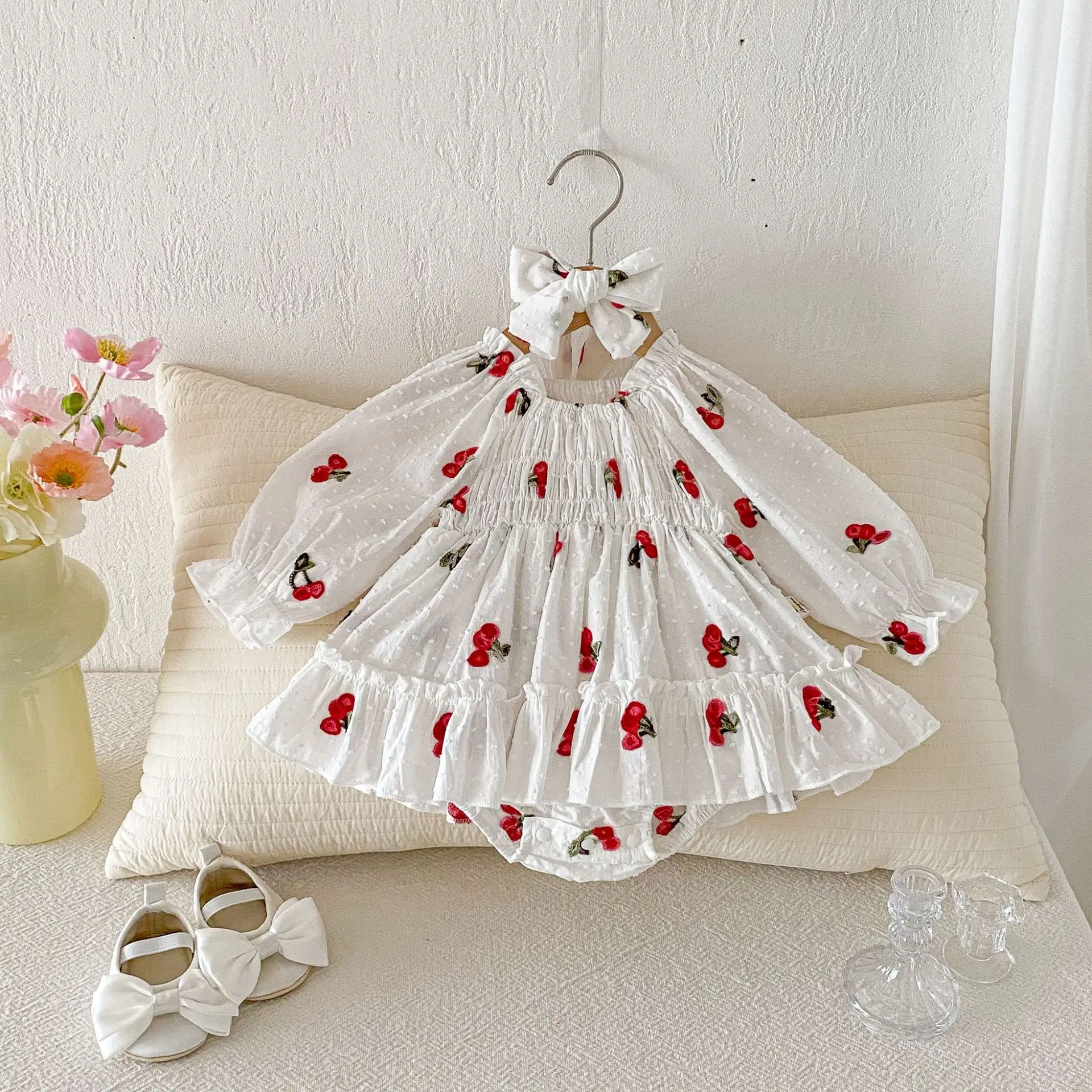 INS 2026 Spring Baby Girl Cherry Skirt Long Sleeve Ha Yi Hundred Day Banquet Bag Butt Clothes Jumpsuit
