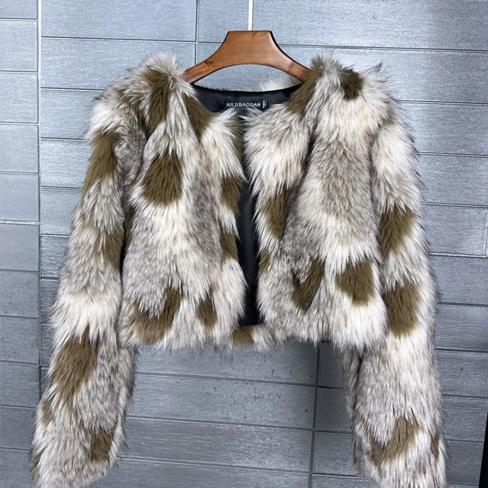 혼 버튼 숏 인조 여우털 코트 여성 겨울 플러피 재킷 레오파드 프린트 플러시 퍼 코트 플립 칼라 여성 아우터웨어 2024