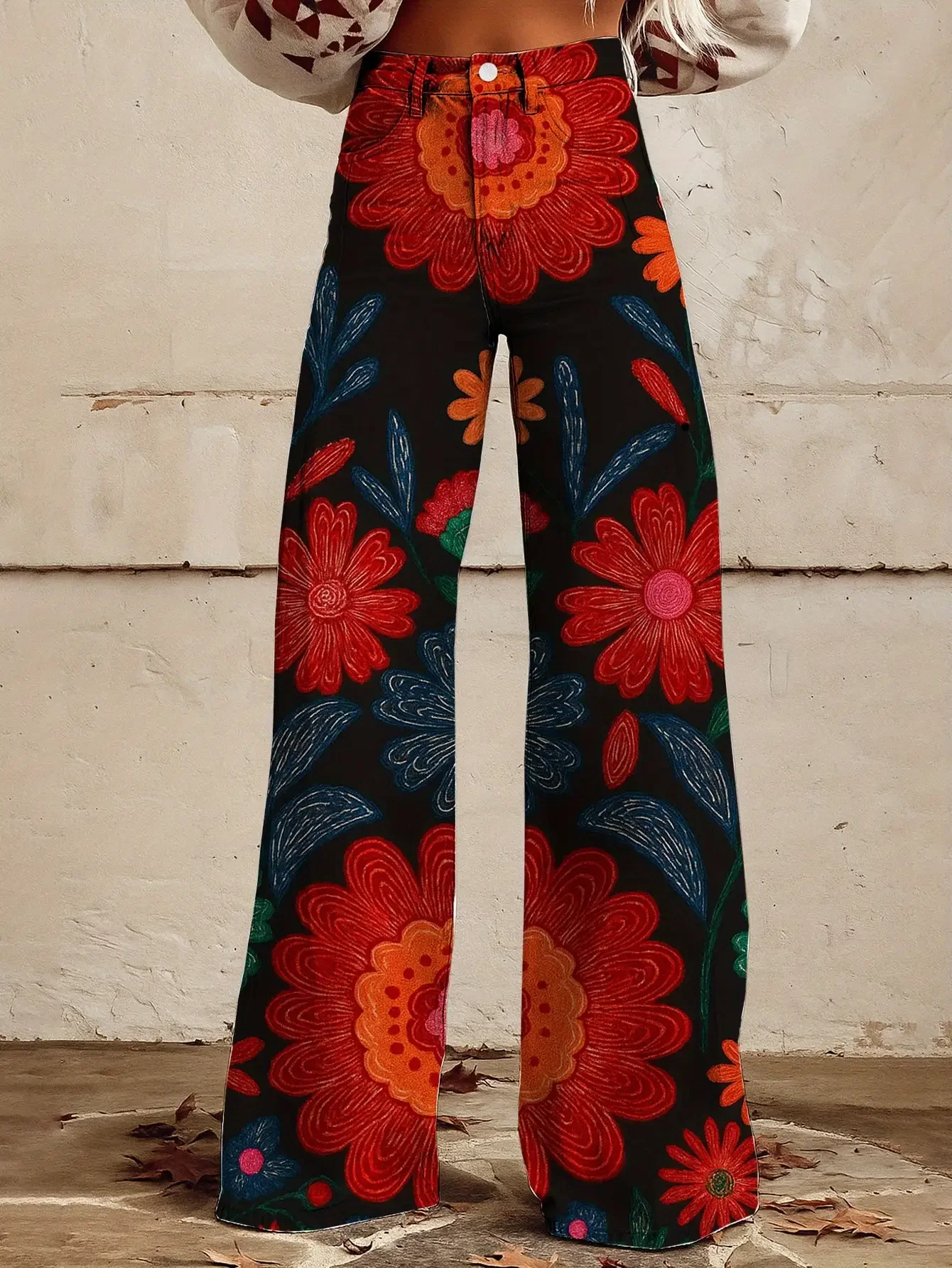  Women's new casual jeans with a variety of colorful western prints, loose wide leg design, and Cartoon dinosaur print pattern