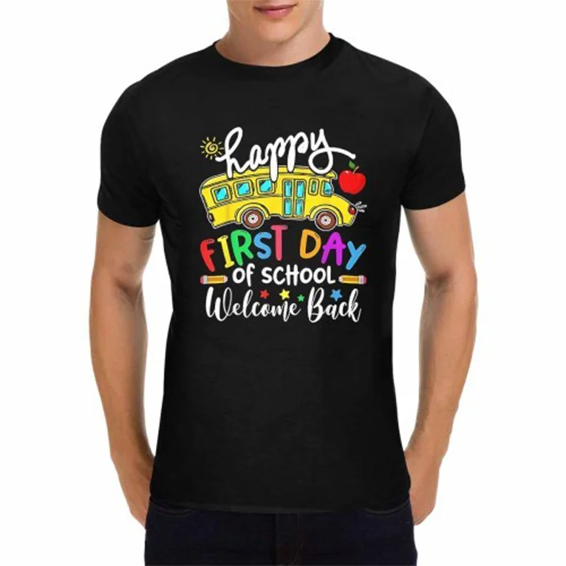 

Men's Black T-Shirt "Happy First Day Of School Welcome Back" School Bus Graphic T-Shirt Gifts for Teachers/Stude WHX 180g