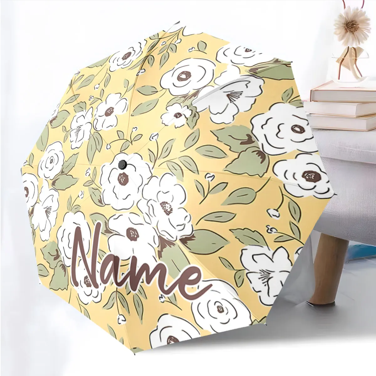 Personalized Custom Name Floral Patterned Umbrella with Elegant Print 8 Iron Ribs Folding Umbrella, Auto-Open Fashion Sunshade
