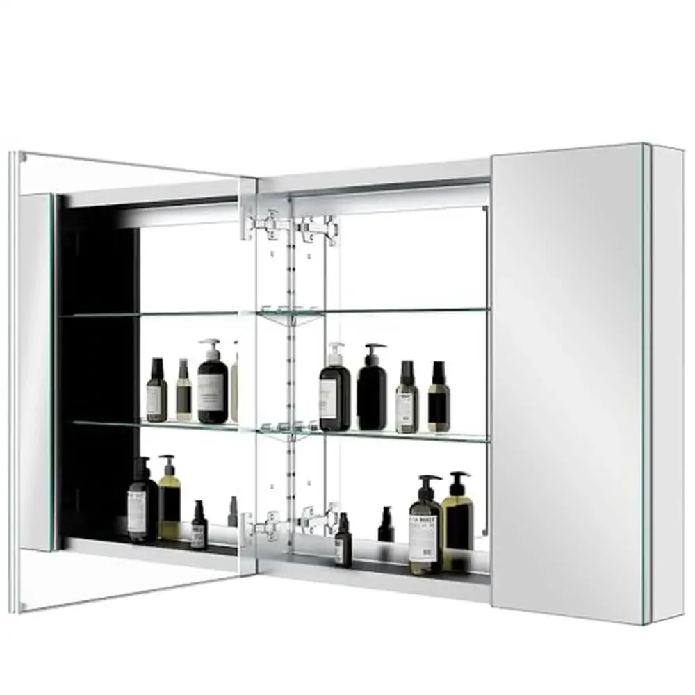 Armoire à pharmacie en aluminium avec miroirs à superposition complète, étagères réglables, charnières à fermeture douce, portes doubles encastrées, montage en surface