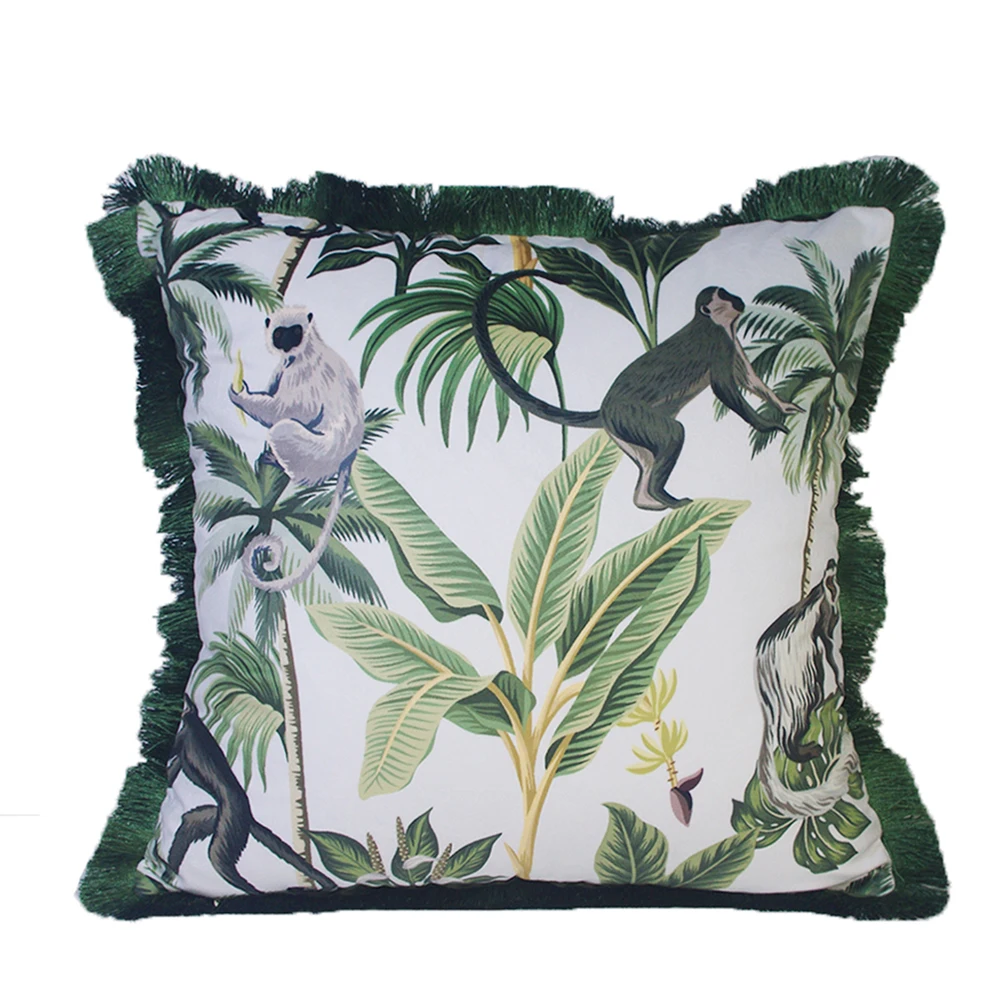 ESSIE HOME Tropical Animal Monkey Banana Tree Palm Tree Digital Print Velvet Cushion Cover Pillow Case With Gold Tassel