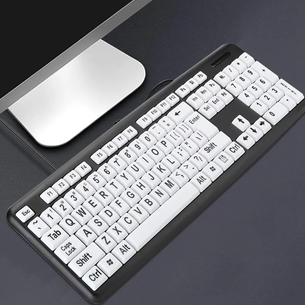 USB Wired Low Vision Keyboard Black Large Print Keys Wired Keyboard White Keys Full Size Layout Old People Keyboard for Elderly