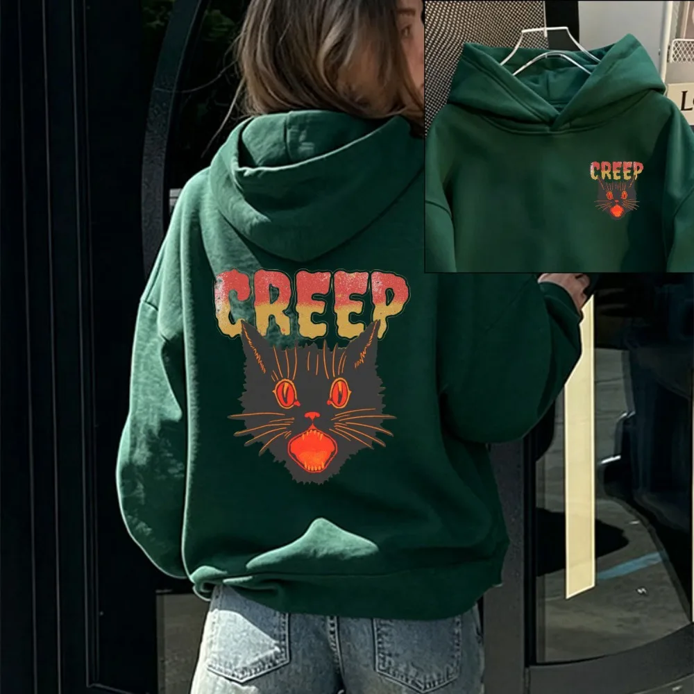 Creep Halloween Hoodie Vintage Gradient Lettering Scary Black Cat Face Pullover Sweatshirt Gothic Fall Holiday Casual Fit Hooded