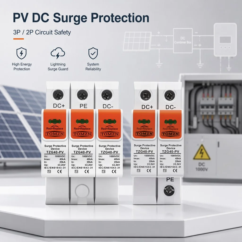TOMZN DC SPD Low-Voltage Arrester, 500–1500V (500/600/800/1000/1200/1500V), 10-20kA & 20-40kA, for Household Surge Protection