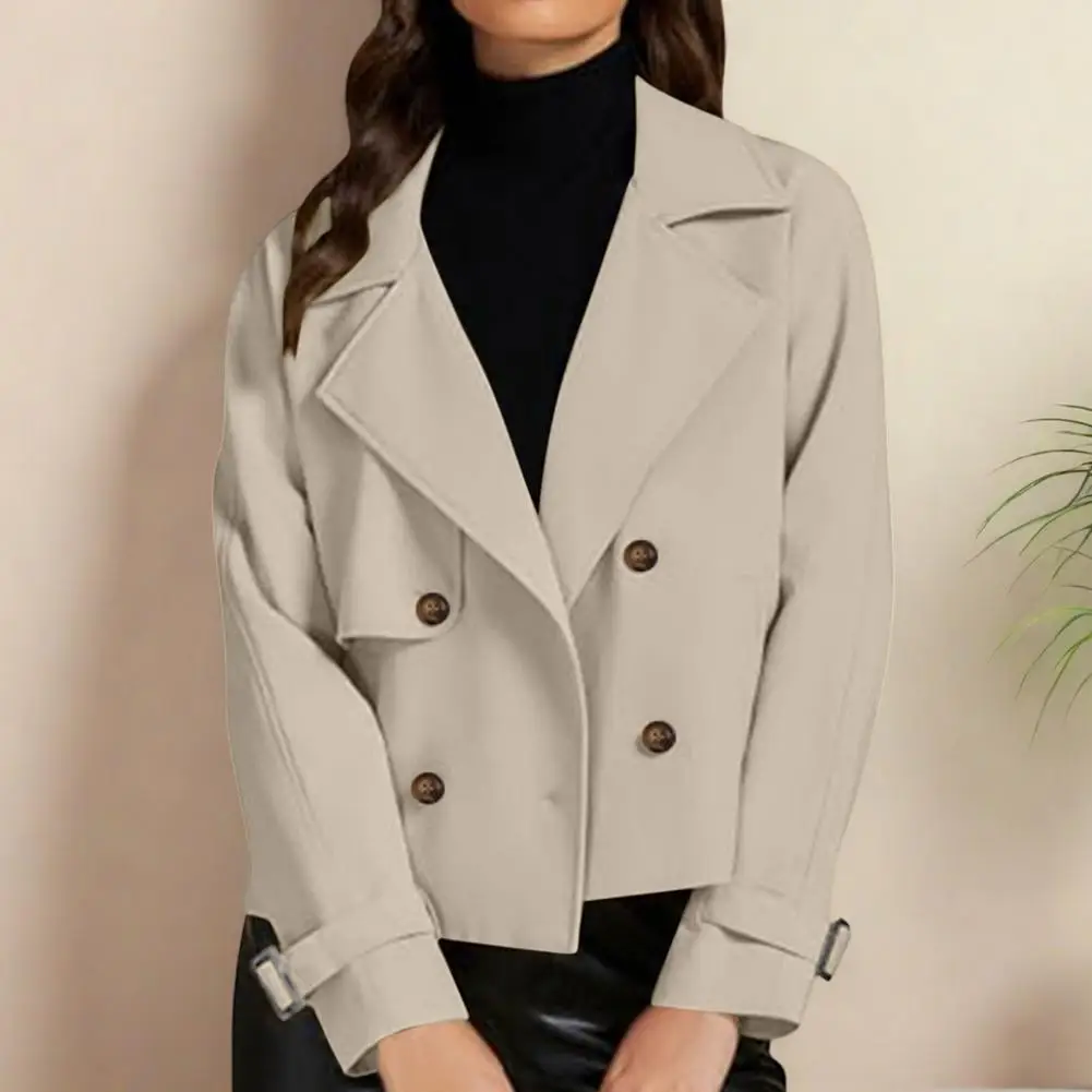 New Autumn Women Cropped Trench Coat Vintage Double Breasted Long Sleeve Short Jacket Lapel Collar Windbreaker