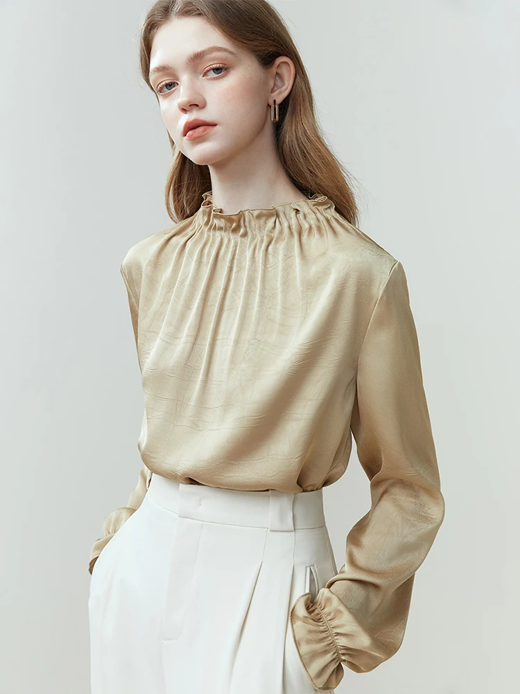 FSLE Elegant Wood Ear Stand Collar Long-sleeved Shirt for Women Spring Autumn French Style Temperament Drape Shirt Female