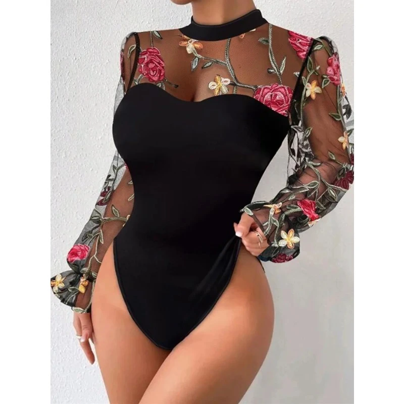 

Women Sexy See Through Sheer Mesh Patchwork Floral Embroidery Bodysuit
