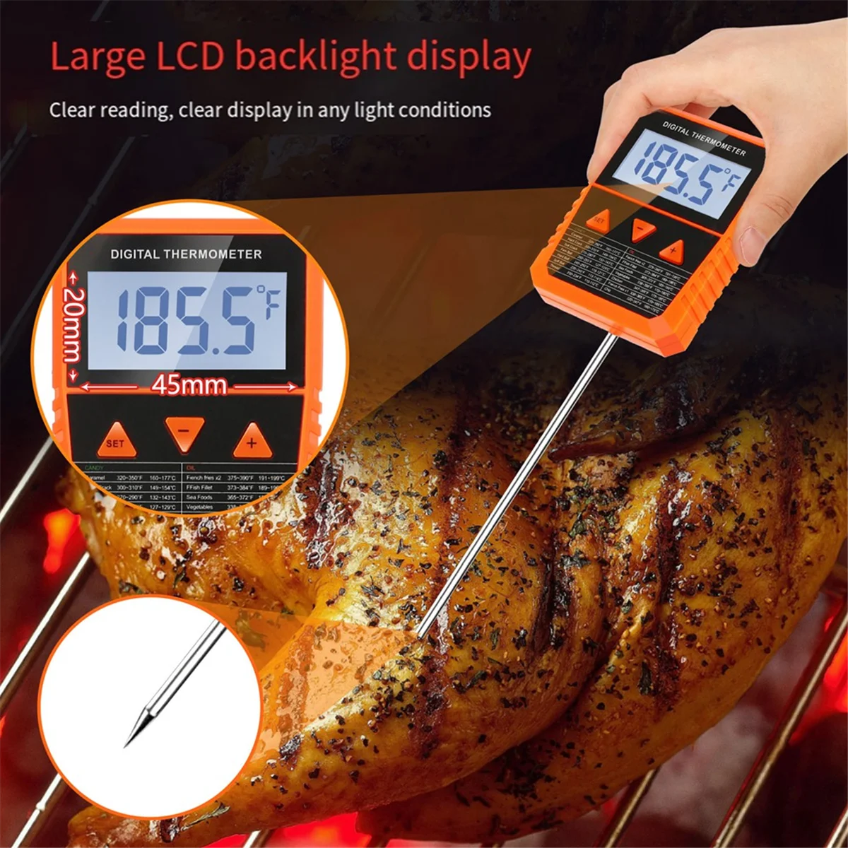 Probe Candy Thermometer with Pot Clip,Alarm Function,IPX6 Waterproof Rotatable Large Display Deep Fry Oil Thermometer SQ