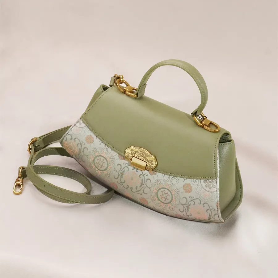 Light Luxury Niche Style Women Green Handbag With Mulberry Silk Jacquard Song Brocade & Leather Patchwork Crossbody Bags Lady