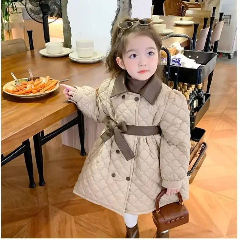 Children\'s Coats Girls\' Cotton-padded PU Leather Clip Cotton Padded Coat Medium Long Coat Winter Coat Clothes for Girls