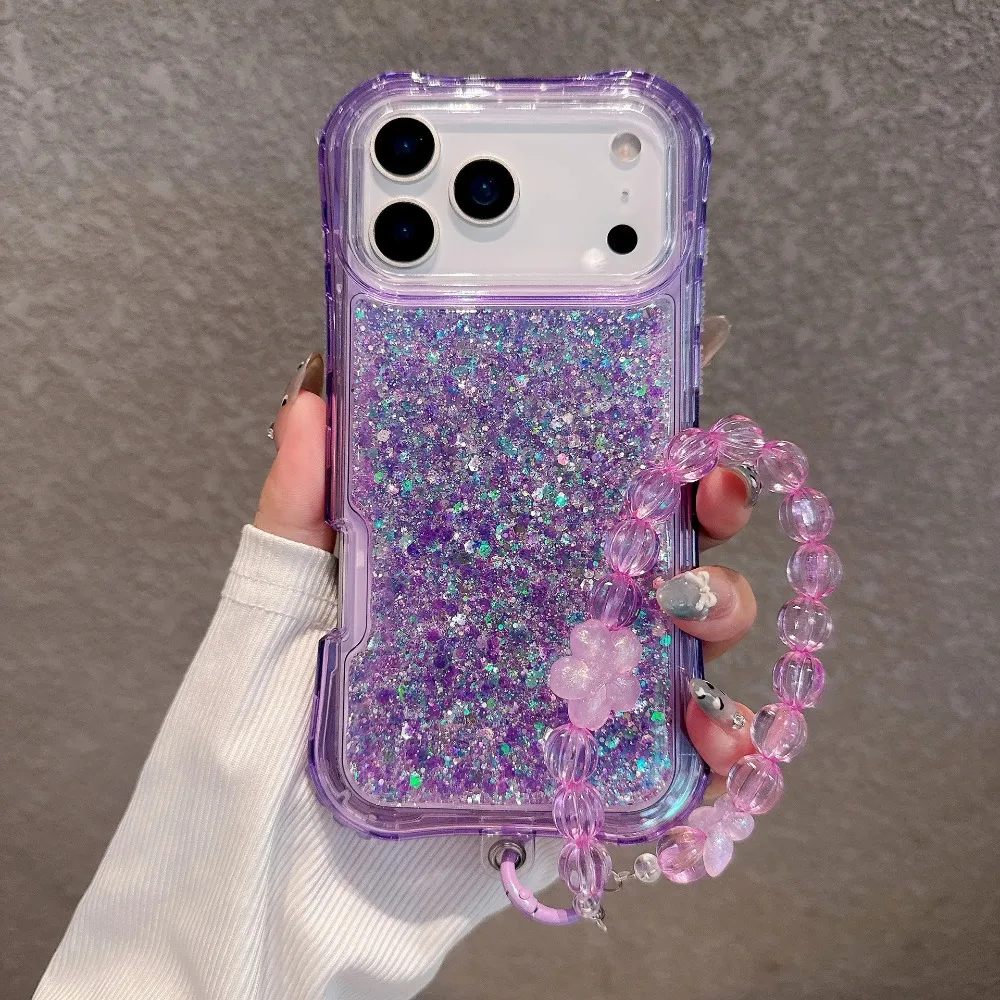 Coque transparente de luxe avec chaîne en résine scintillante pour iPhone 18 17 Pro Max 16 15 14 13 12, résistante à la poussière et aux chocs.