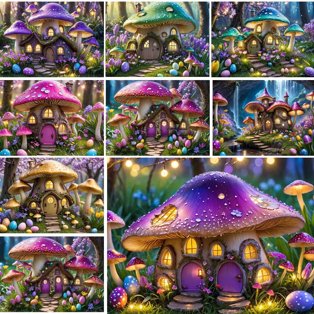 

MOON.QG Easter Mushroom Village Backdrops For Photography Hued Huts Waterfall Twinkling Light Background Photo Studio Photobooth