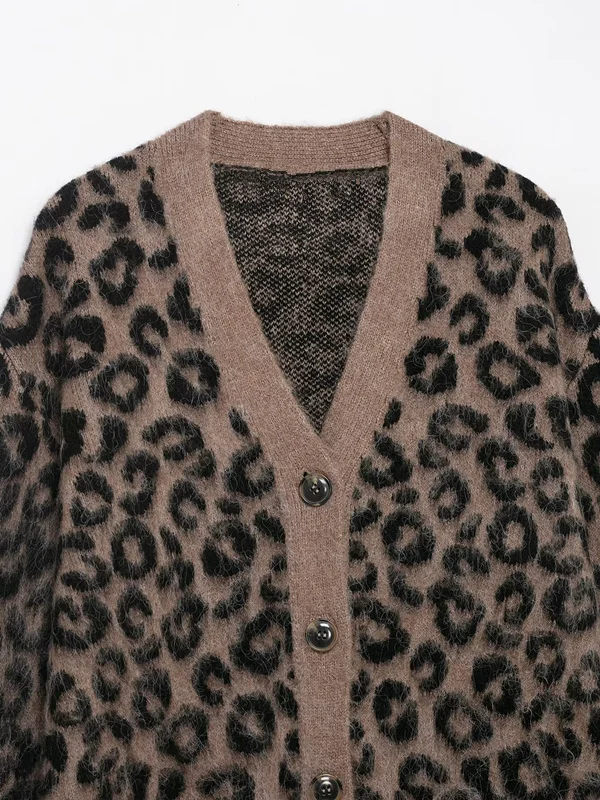 Dave&Di Woman Clothing Spring Autumn Knitwear Cardigans British Fashion Leopard Jacquard Single Breasted Jacket Women Tops 4