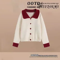 Spring and Autumn Solid New Female Student Doll Collar Cardigan Knitted Sweater