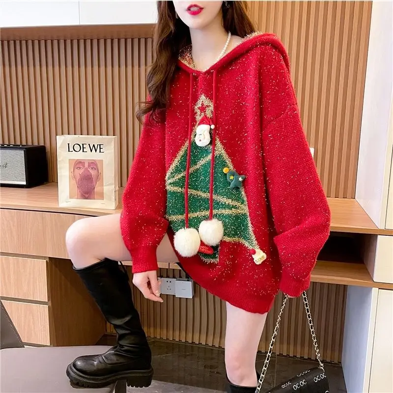 Age Reducing Loose Red Christmas Sweater for Women 2023 New Autumn and Winter Thickened Western Design Sense Top