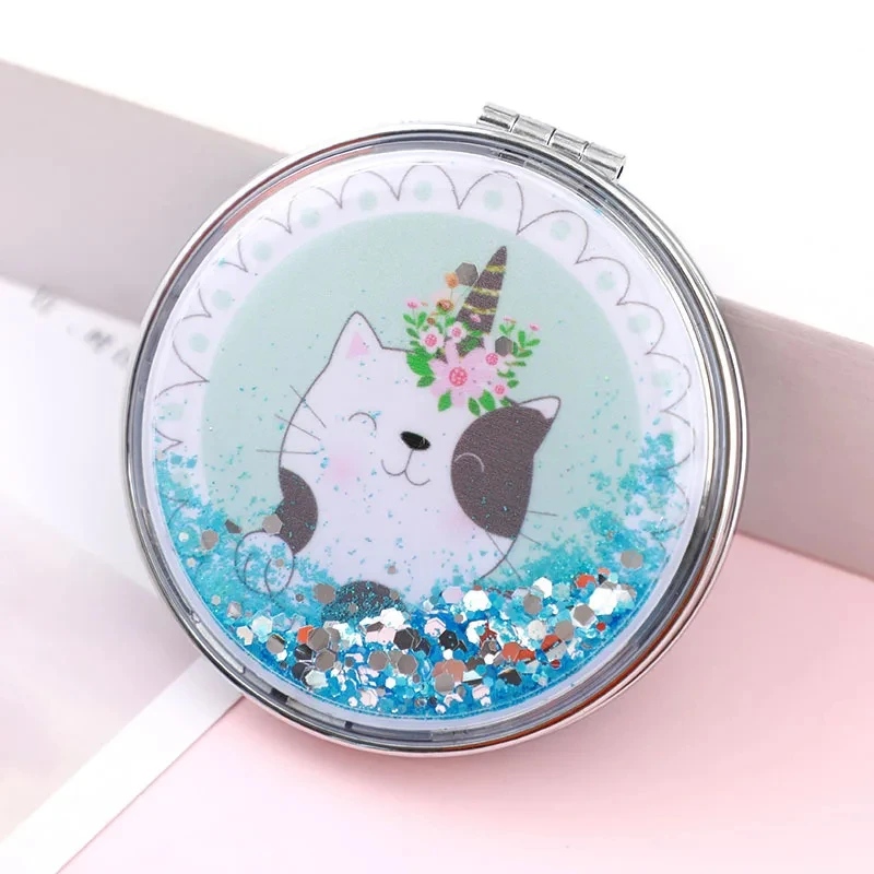 Creative Quicksand Round Makeup Mirror Portable Small Double-Sided Folding Cosmetic Mirror Cartoon Mirror Compact Pocket Mirrors