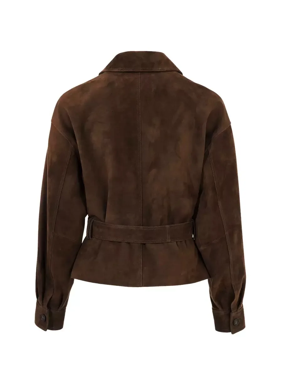 Spring Brand New Suede Leather Jacket for Women Collar Pocket 100% Sheepskin Slim Fit Coat With Belt Black Shirt Vestes Femmes