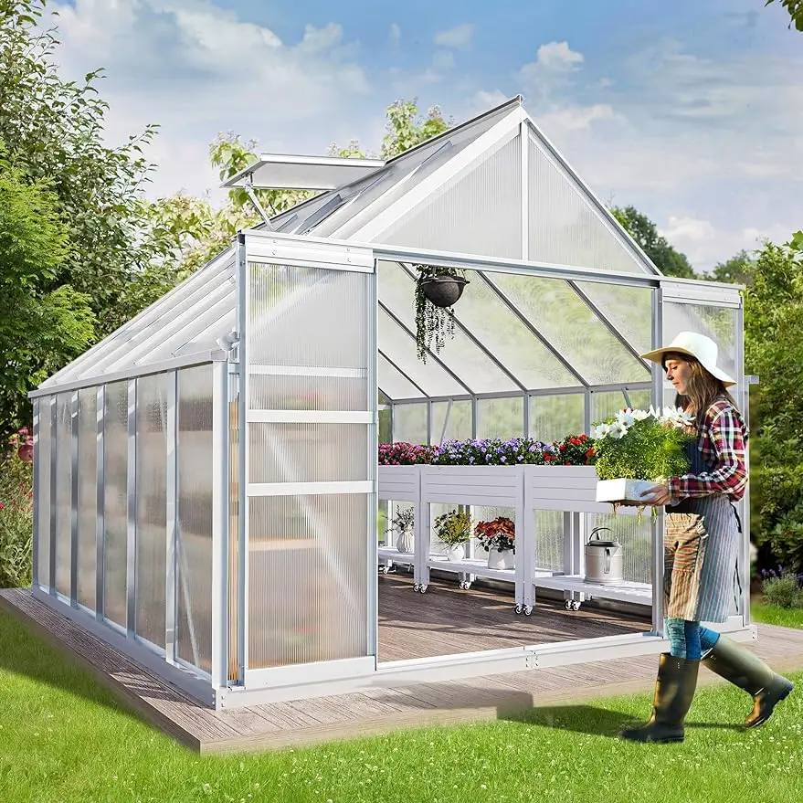 

Polycarbonate Greenhouse Large Heavy Duty Green Houses Outdoor Aluminum Greenhouses with Sliding Doors Vent Window