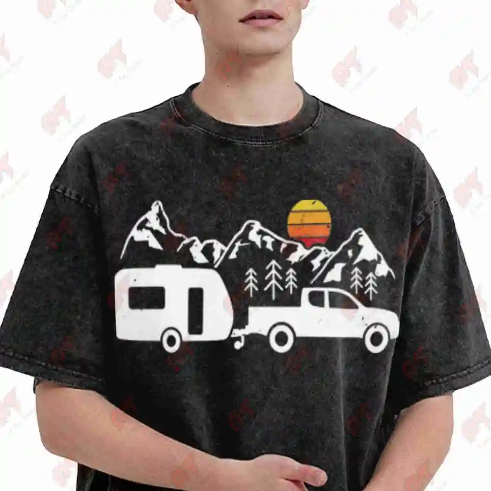 Motorhome Camping Caravan Vintage Washed Tee Pure Cotton T-Shirt