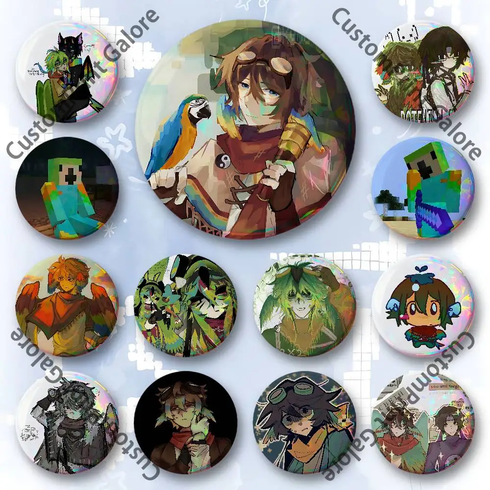 

P-Parrotx2 Laser Film Badge Tinplate Brooch Lapel Pin HD Print Badge for Decoration DIY Accessories Gift