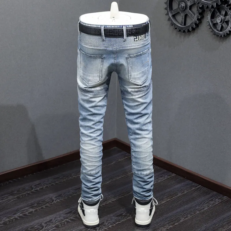 Street Fashion Men Jeans Retro Light Blue Stretch Slim Fit Spliced Biker Jeans Men Patched Designer Hip Hop Denim Pants Hombre