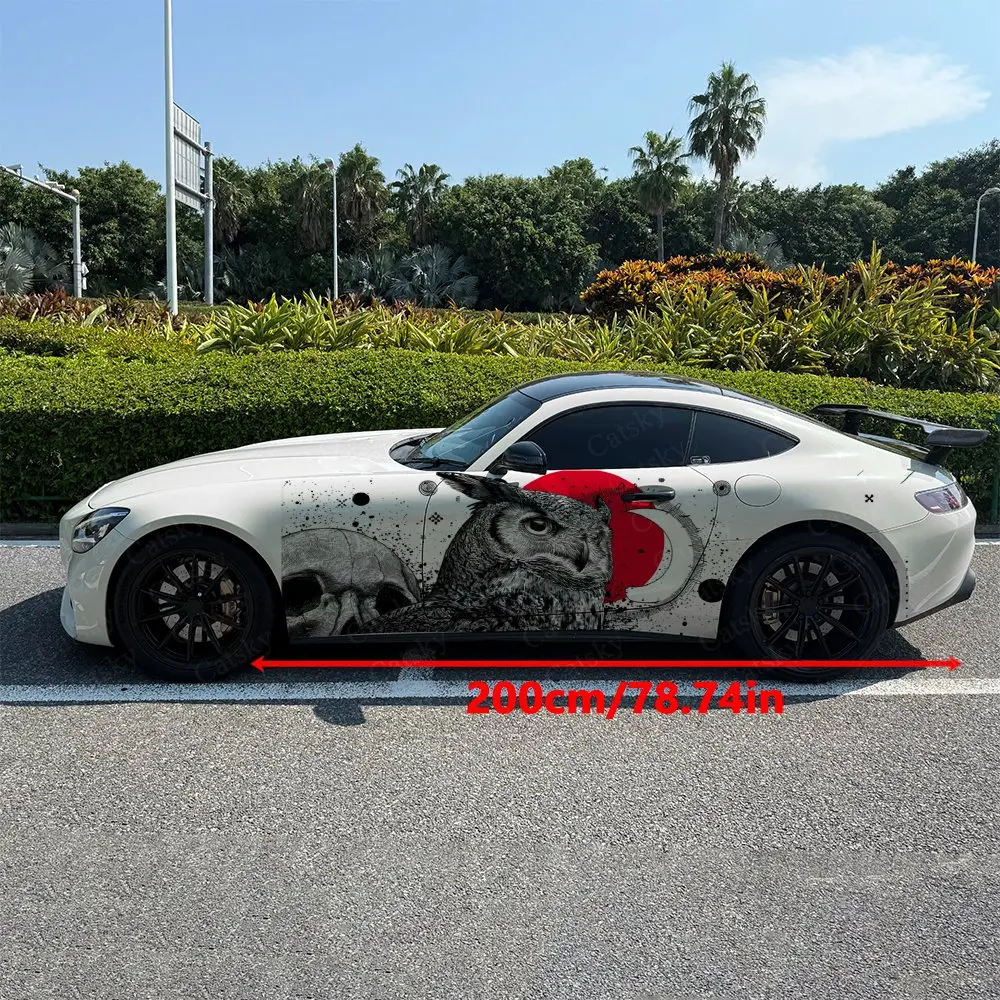 2pcs Red Moon Splatter Owl & Skull Car Side Wraps, Self-Adhesive PVC Waterproof & Scratch-Resistant Stickers, Car Accessory Gift