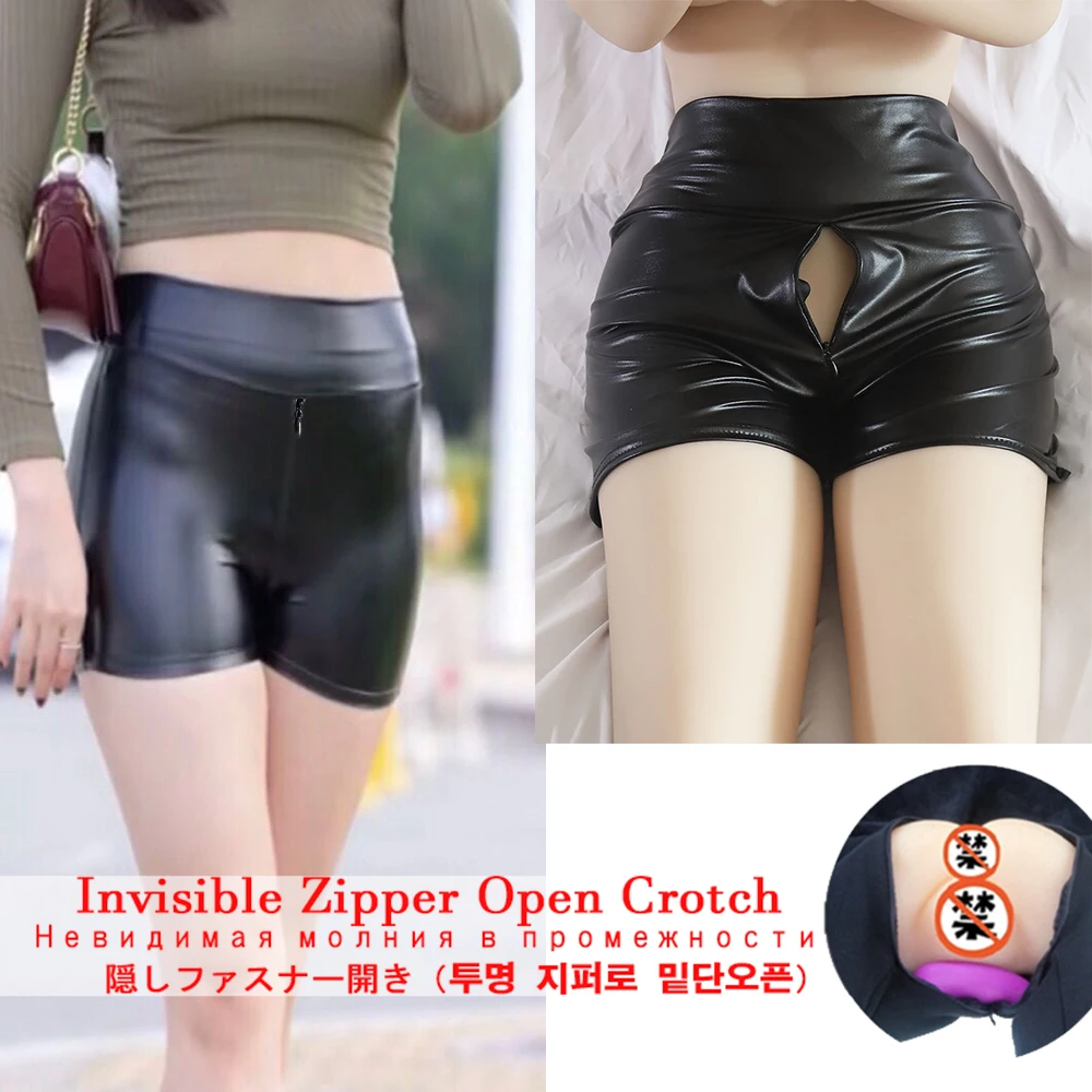 Front and Back Open Crotch Invisible Zipper Pu Leather Pants Female Home Outdoor Convenient Pants Sexy Shorts Female Couple Sex