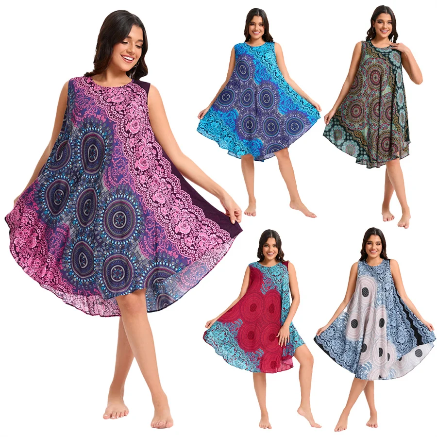 Newest Boho Women Sleeveless Dresses Beach Summer Round Collar Bohemian Floral Print Holiday Loose Soft Classical Rayon Dress
