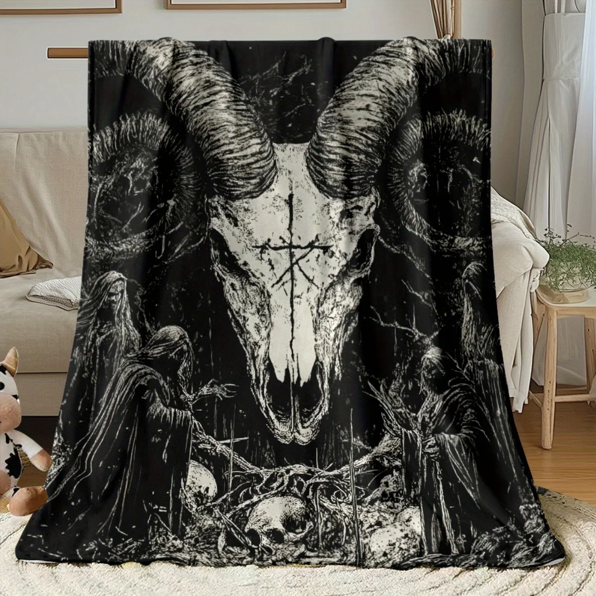 Dark Style Monochrome Horned Bone Sketch Art Print Flannel Blanket Warm Throw For Bedroom Gothic Decor Style Holiday Gift Ideas