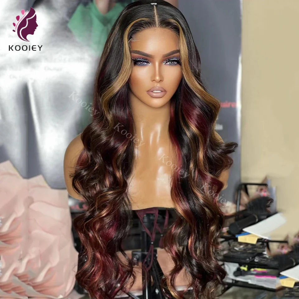 

Burgundy with Blonde Highlights 13x6 Lace Frontal Wig Human Hair Body Wave Wig Black with Red & Blonde Wavy 5x5 Silk Top Wigs