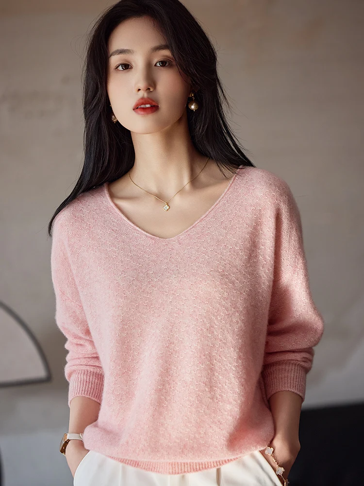 Maglione da donna con scollo a V Pullover 2025 100% lana merino lavorata a maglia a maniche lunghe Top Primavera Autunno Nuovo sciolto morbido tinta unita Nozioni di base