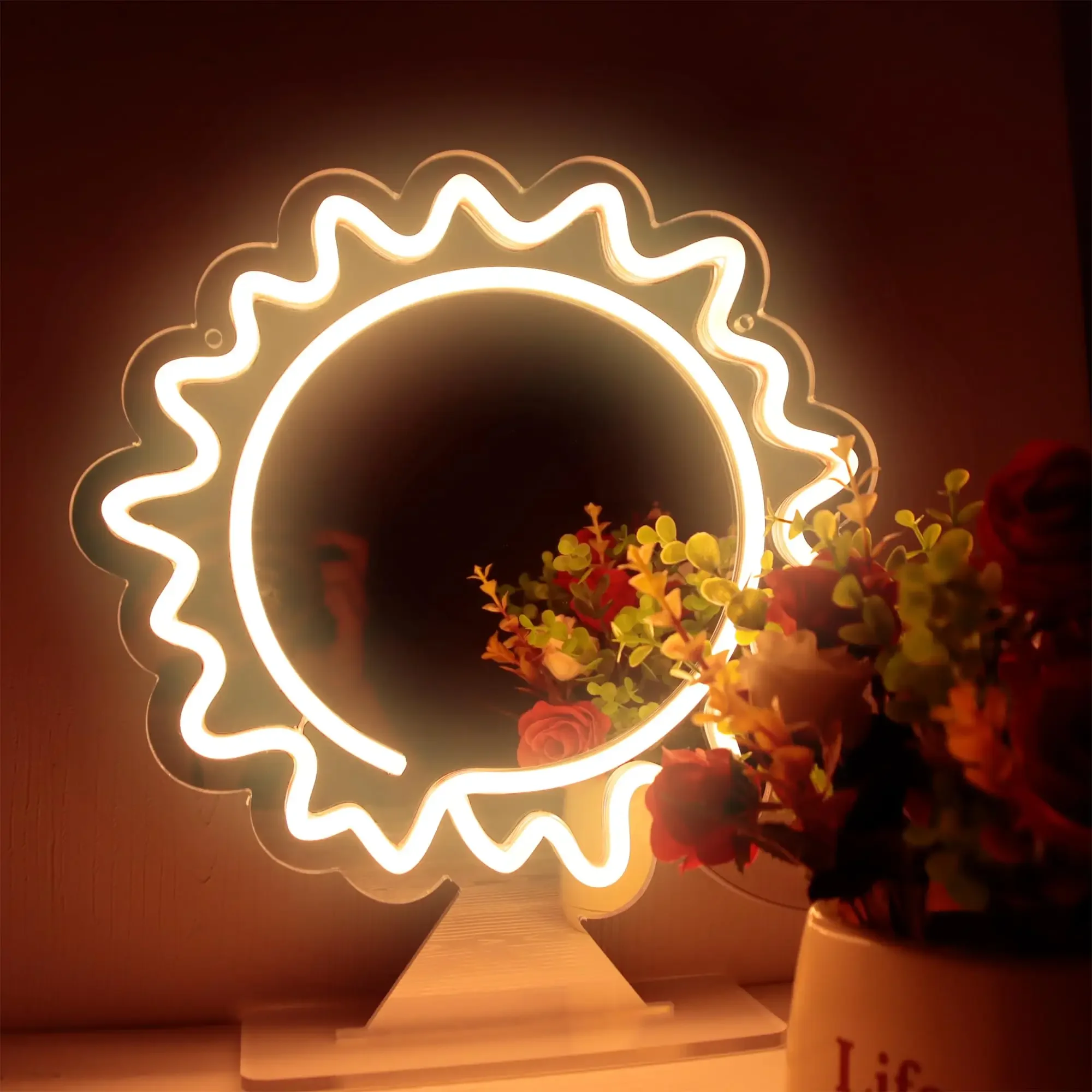 

Светодиодная неоновая вывеска Sun Mirror с USB-питанием, регулируемая по яркости, для ванной, спальни, туалетного столика, подарок на день рождения, декор для стен
