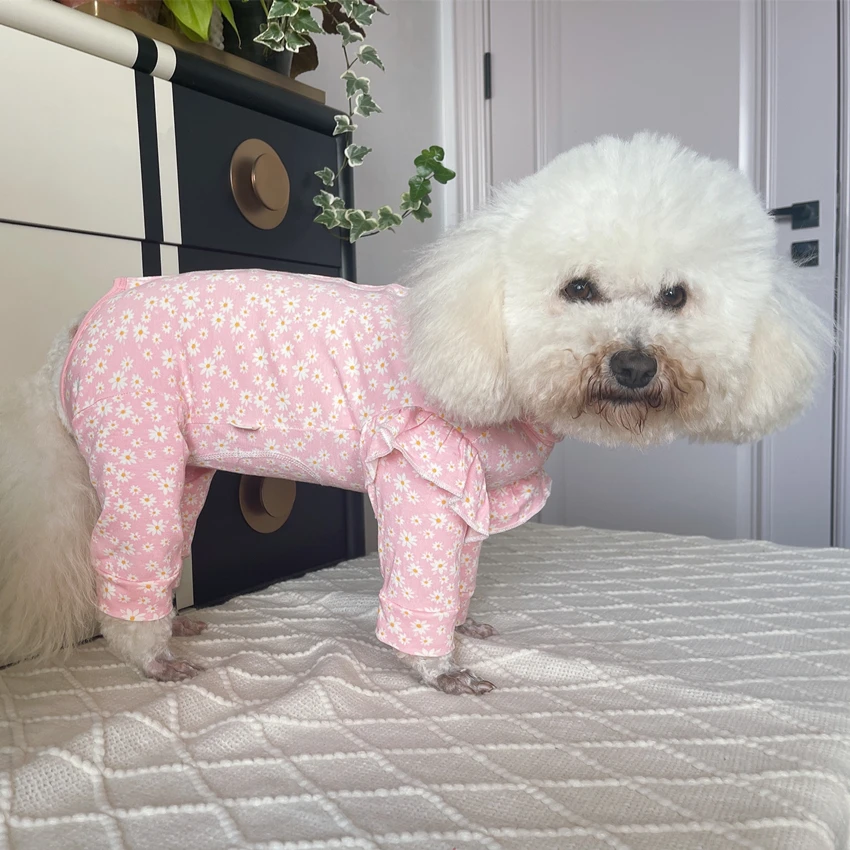 

Classic Trendy Puppy Clothing Pure Cotton Flower Print Pink Jumpsuits Hoodies For Small Medium Dogs Schnauzer Pet Dog Clothes