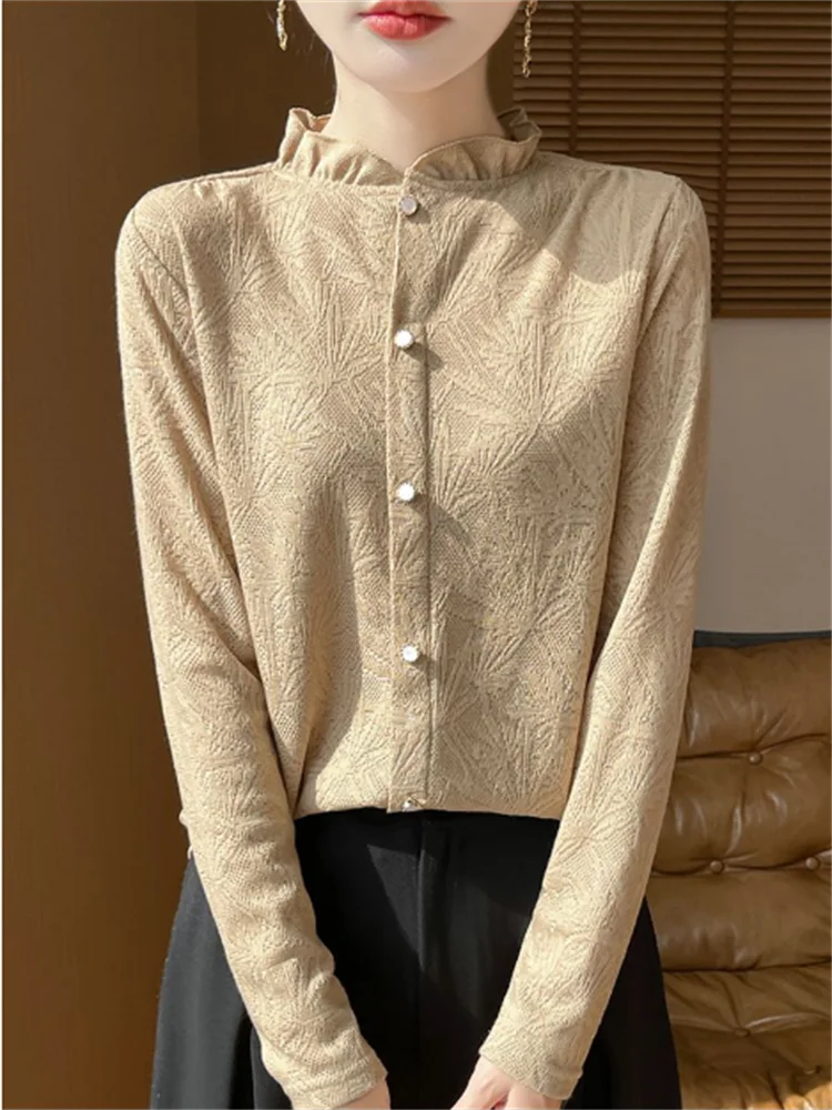 Hollow Knitting Blouses Women Shirt Ruffled Shirts Soft Bottom Top Grace Knitwear Half Turtleneck Shirt Cardigan Blous Female images - 6