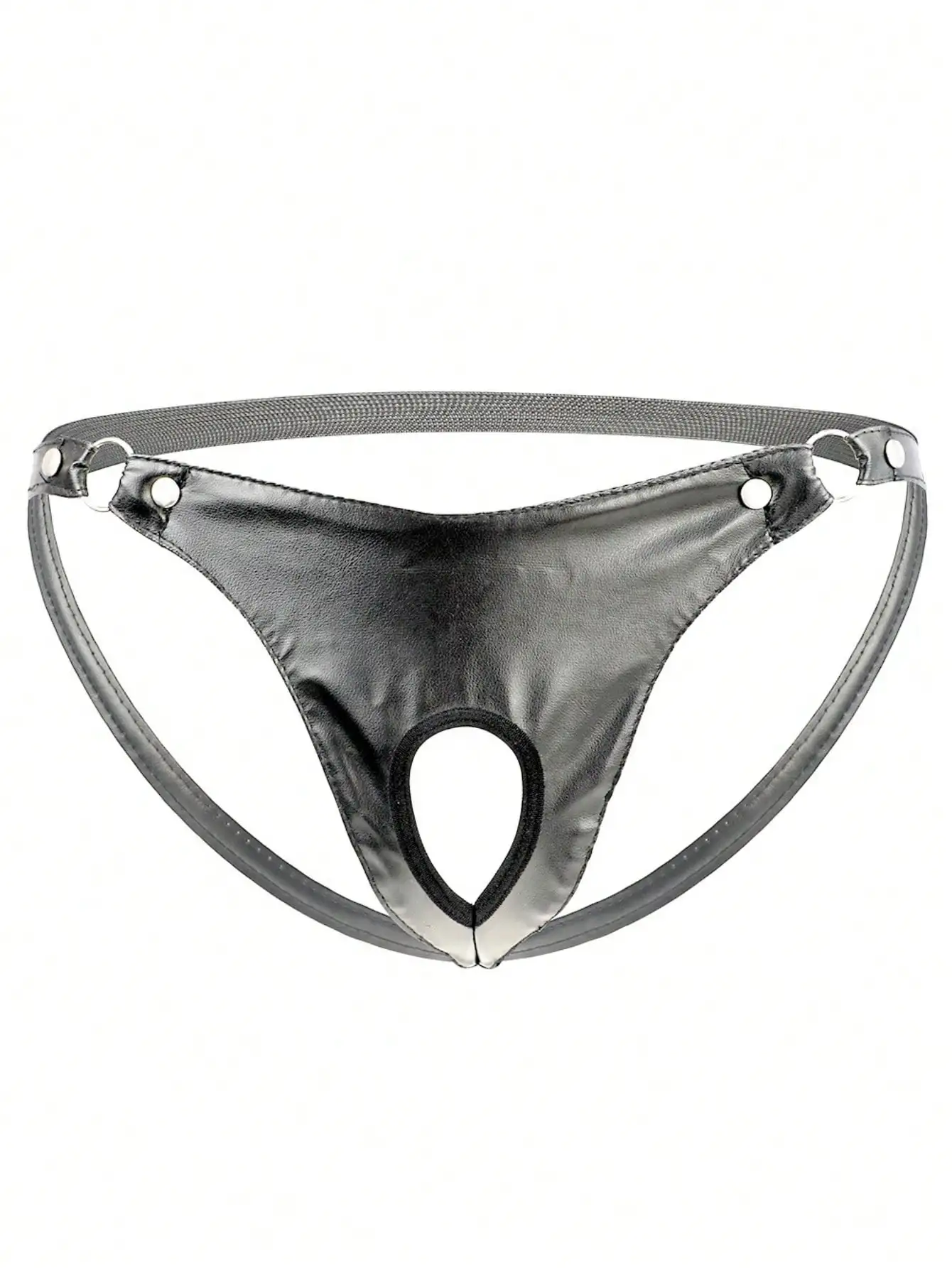 

Men's PU Leather Thong with Open Crotch and Adjustable Straps