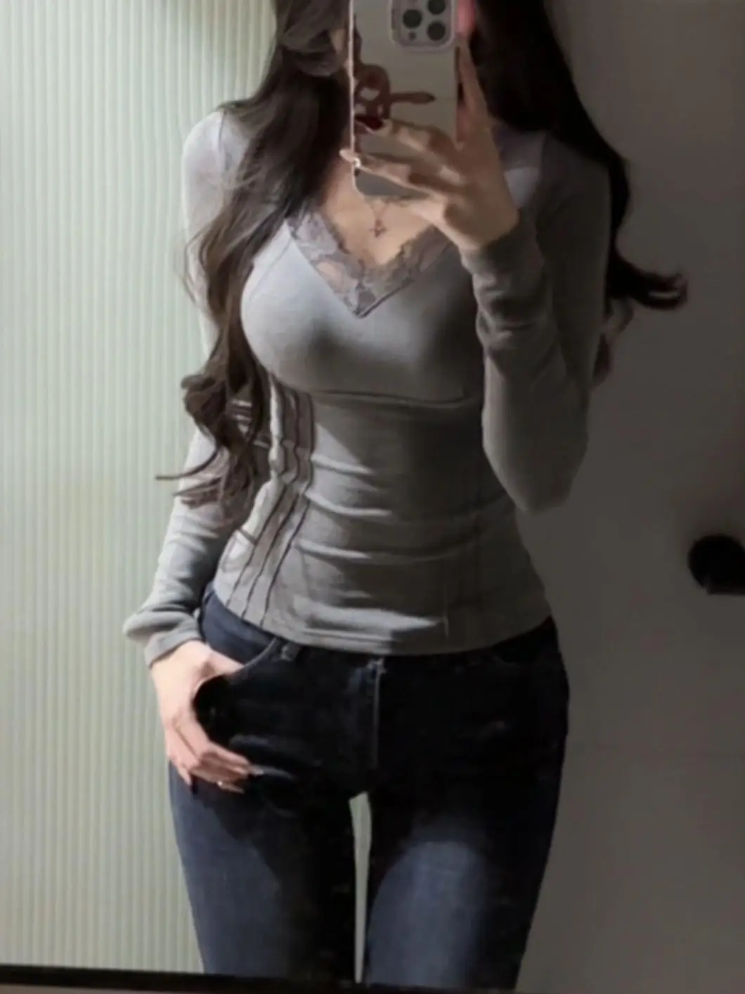 Pure Desire Spicy Girl Back Lace V-neck Long Sleeve T-shirt Women's Spring Autumn Winter Inner Wear Base Shirt Unique Beautif...