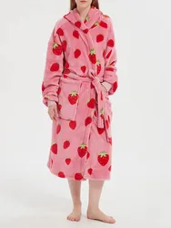 Strawberry Print Women's Bathrobe Flannel Long Sleeve Winter Ladies Dressing Gown Kimono with Sashes Hooded Plush Bath Robe