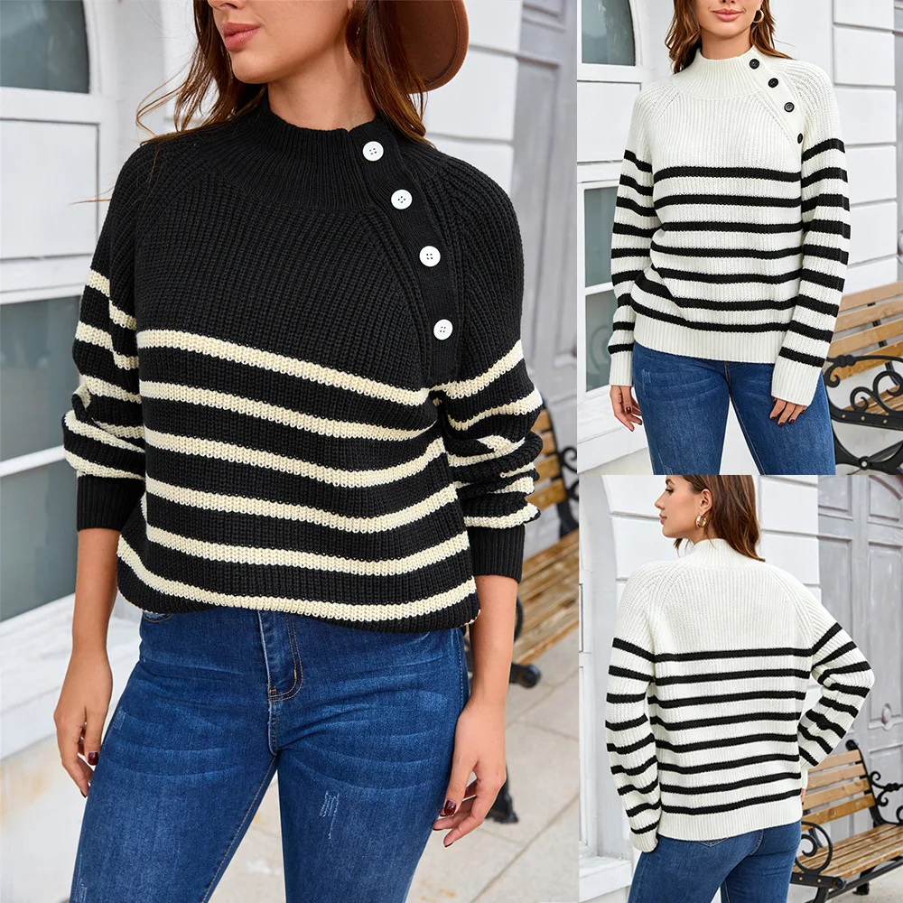 MsChuh Women's Sweaters And Pullovers Striped Mock Neck Knit Pullover  Long Sleeve Loose Ropa Mujer Casual Autumn Daily Outfit
