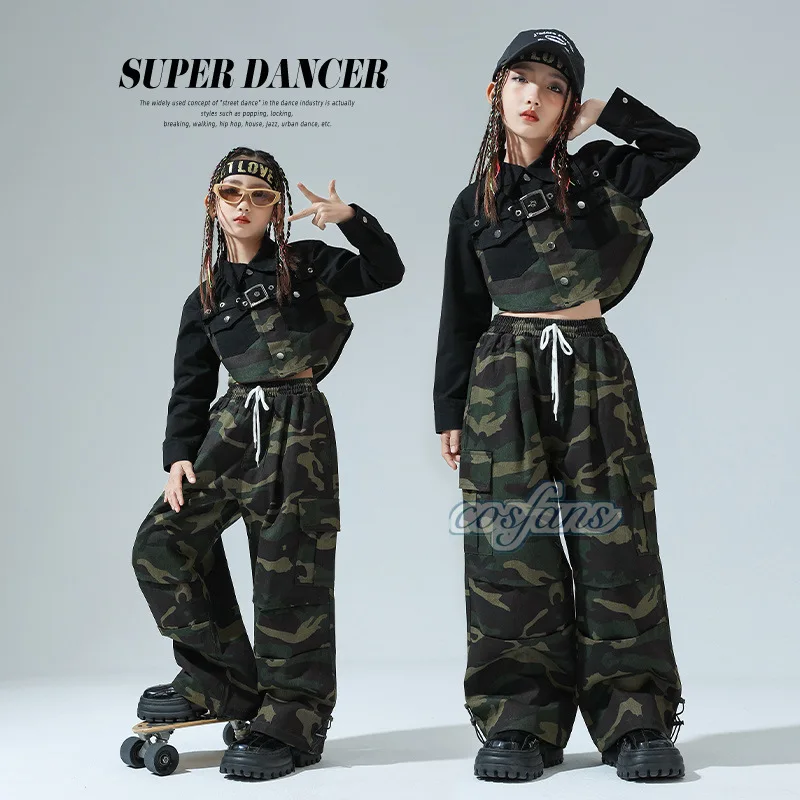 

Kid Cool Hip Hop Clothing Black Shirt Crop Top Camouflage Casual Wide Pockets Cargo Pants for Girls Jazz Dance Costume Clothes