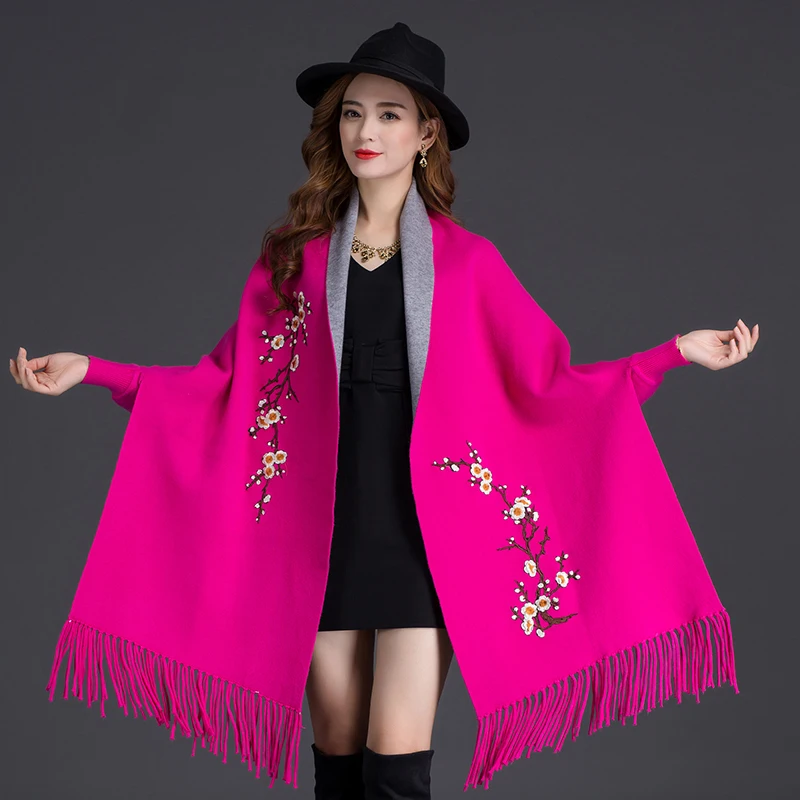 Autumn Winter Can Wear Shawl Scarf Dual-use Embroidery With Sleeves Wool Cashmere Thick Tassel Cloak Female