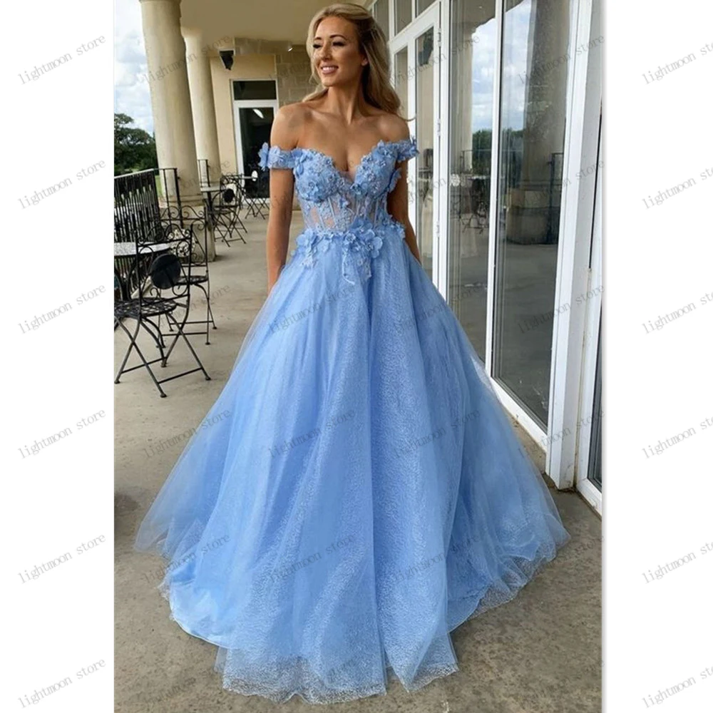 

Classic Prom Dress A-Line Tulle Tiered Evening Dresses Princess Ball Gowns Lace Appliques Off The Shoulder Robe Vestidos De Gala