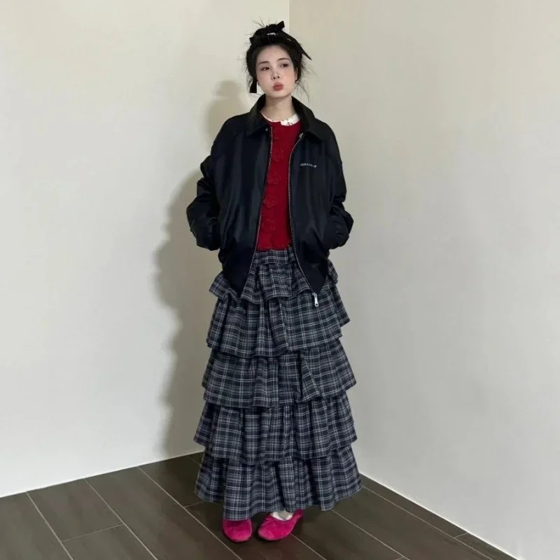 Deeptown Vintage Ruffle Plaid Skirt Women Elegant Sweet Long Skirts Japanese Style Streetwear Fashion Patchwork Layered Skirt