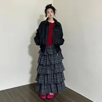 Deeptown Vintage Ruffle Plaid Skirt Women Elegant Sweet Long Skirts Japanese Style Streetwear Fashion Patchwork Layered Skirt